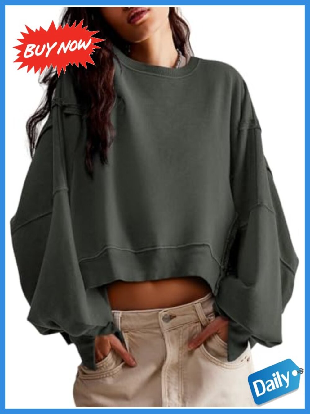 Women's Loose Crop Sweatshirt Crew Neck Long Sleeve Pullover